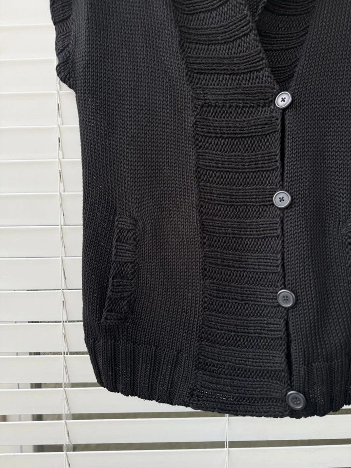 Cárdigan Ralph Lauren Etiqueta Negra Brillante Negro Grueso Punto Acanalado Lino Seda M Foto 2 de 4