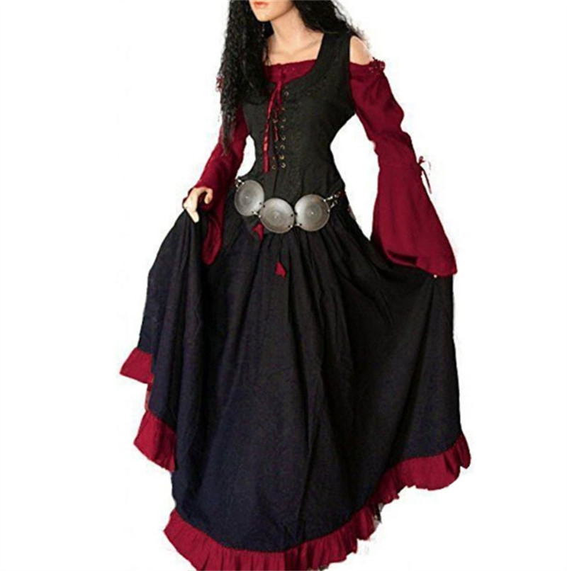 Medieval Con cordones Mujeres Renacimiento Gótico Vestido Bruja Disfraz Vestido Elegante Cos