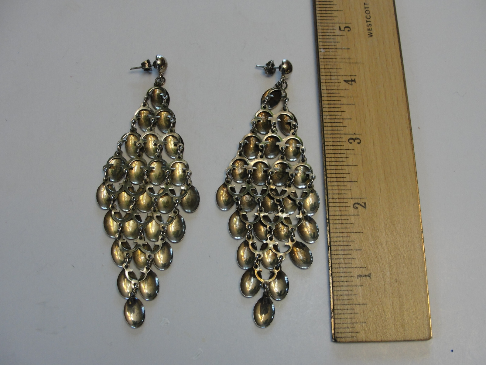 Vintage Silver Tone Post Stud Dangle Teardrops 4"… - image 5