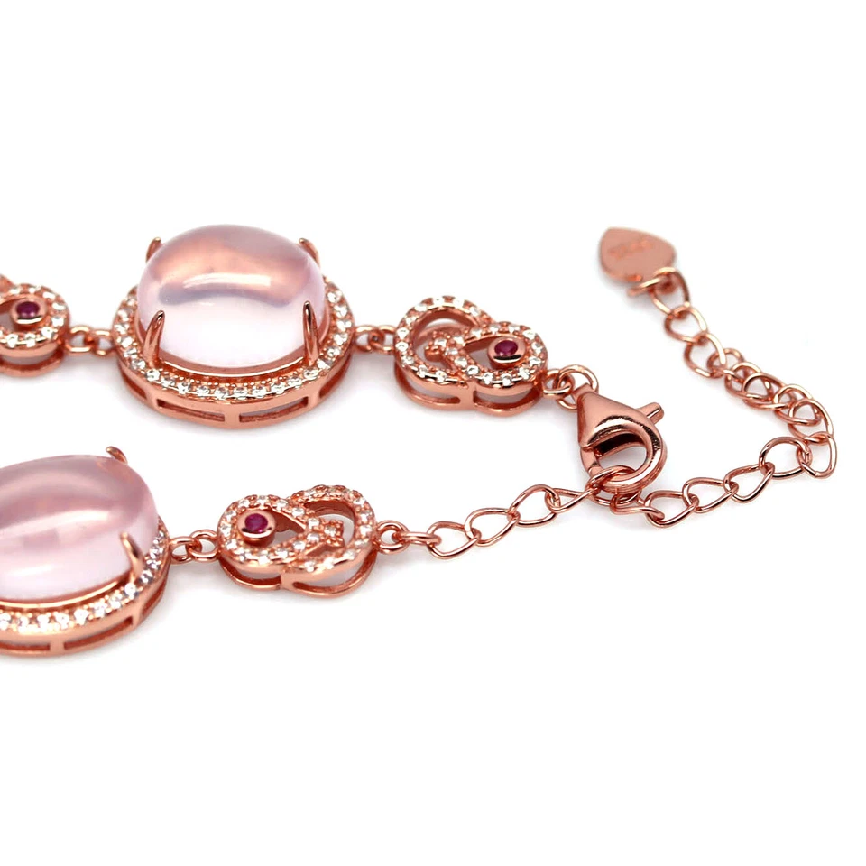 Драгоценный камень 10x11 мм. Розовый кварц, халцедон, цирконий браслет серебро 925 пробы - Изображение 3 из 4
