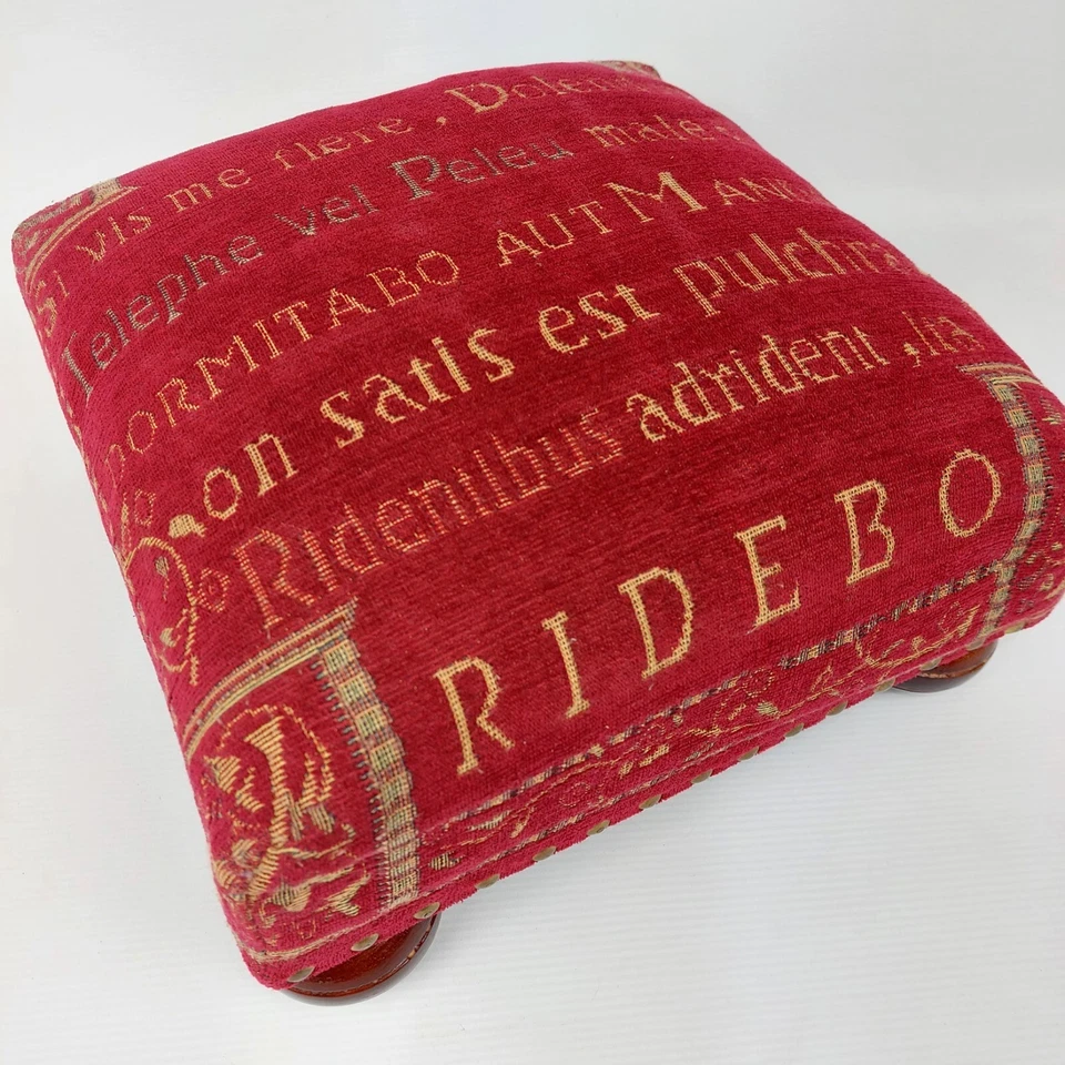 Vtg Burgundy Latin Tapestry Pouf Footrest - 80s French Style Red Ottoman - Image 3 of 4