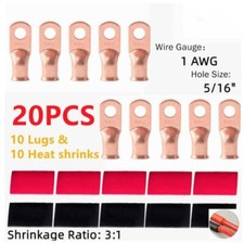 Copper Ring Terminals 10 1AWG Gauge 5/16" RED/BLACK Heat Shrink Tubing LUGS