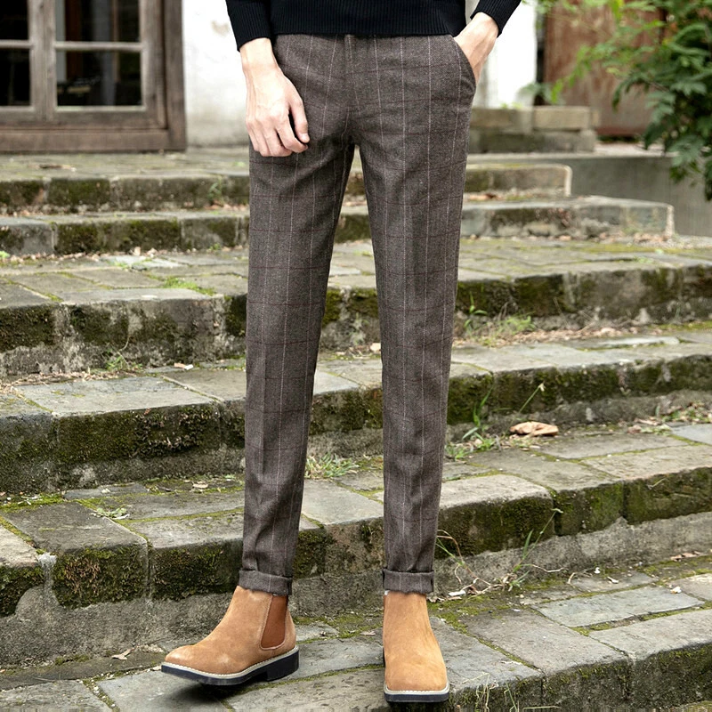 Retro British Men's Tweed Trousers Winter Large Slim Wool American Casual  Pants