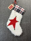 Happy Holidays Christmas Stocking Black Red Plaid Star Bells White faux fur 21”