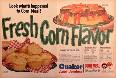 Quaker Meat Pie Corn Muffins 1954 Vintage TWO PAGE Print Ad Grits Fresh Flavor