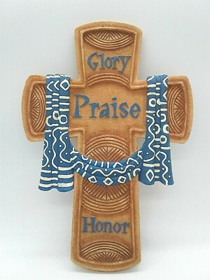 Crossroads Glory Praise Honor Cross Wall Plaque Hanging 2004 Brown and Blue 9.3''