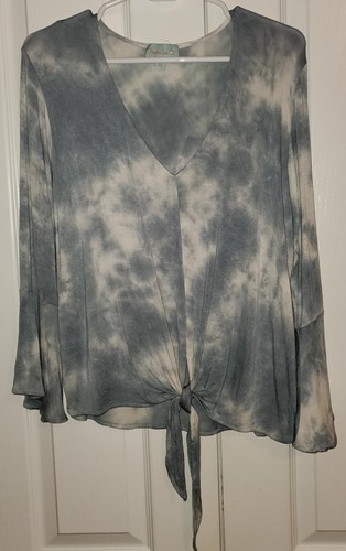 Veronica M Women's Blue/White Tie Dye Tie Front Bell Sleeve Top Size M