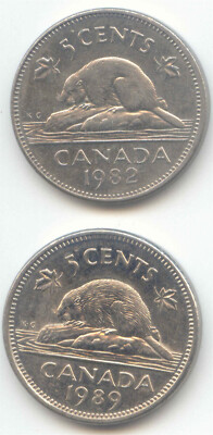 Canada 1982 and 1989 Canadian Five Cent Nickel 5c Beaver Exact Set - 2 Coins