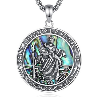 925 Sterling Silver St Christopher Medal for Women Men, Abalone Shell Saint C...