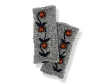 Fingerless Gloves Gray Flower Wool Hand Knit Embroidered Mittens Fleece Lined