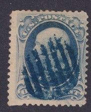 1870 Benjamin Franklin Sc 145 used 1 cent ultramarine blue cancel CV $20 (38