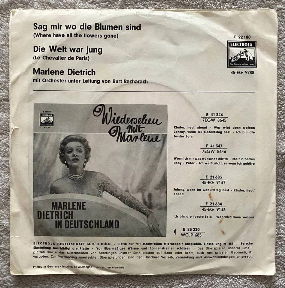 Marlene Dietrich – Sag Mir Wo Die Blumen Sind / Die Welt War Jung  7in  Record - Image 2 of 4