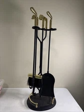 Vintage 4 Piece Brass & Cast Iron Golf Club Handle Fireplace Tool Set 29”READ