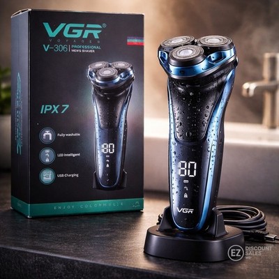 VGR V-306 Elektrorasierer Herren Rotationsrasierer Kabellos Wasserdicht Nass/Trocken USB LED