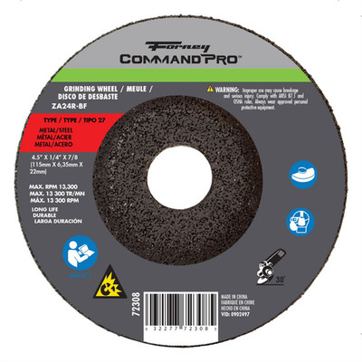 Forney Industries Grinding Wheel, Metal, Type 27, 4-1/2 in x 1/4 in x 7/8 in