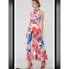 Tahari ASL Printed Halter Maxi Dress With A Bow Detail In The Back Sz 8