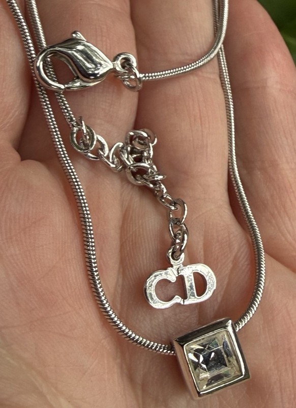 CHRISTIAN DIOR signed silver tone crystal pendant Necklace Vintage Jewelry