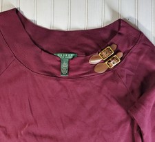 Ralph Lauren Knit Dress Maroon Leather Buckle Size Large Midi Long Sleeve Cotton