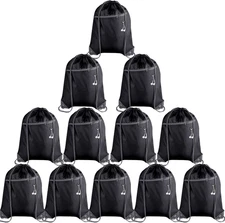 12Pcs Drawstring Backpack Bags Bulk with Zipper Pocket and Headphone Hole（Black）