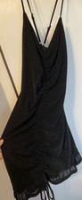 Lulus Mini Bodycon Dress Black Glitter Ruched Strappy Cowl Neck Stretch M