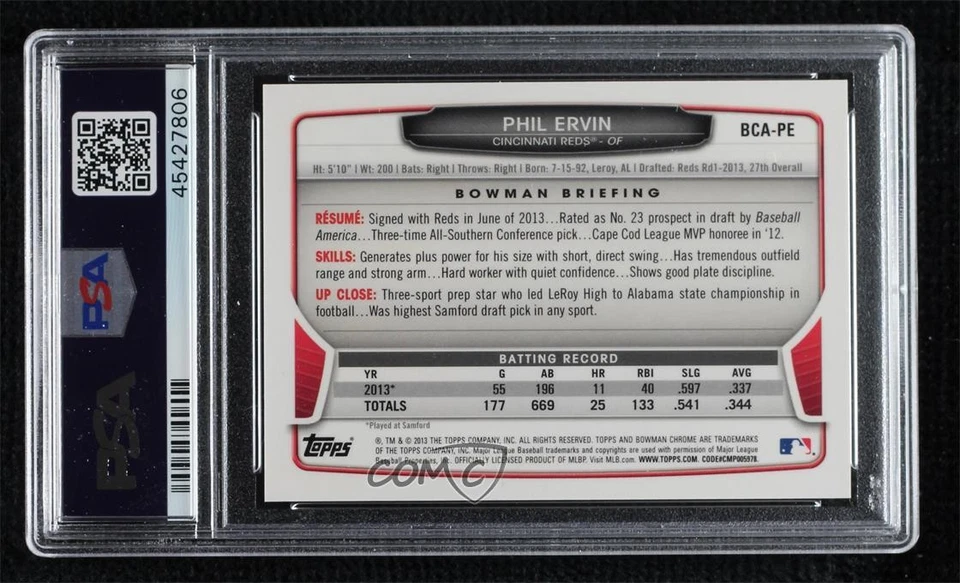 2013 Bowman Draft Chrome Prospect Auto Phil Ervin #BCA-PE PSA 10 GEM MT Auto - Image 2 of 2