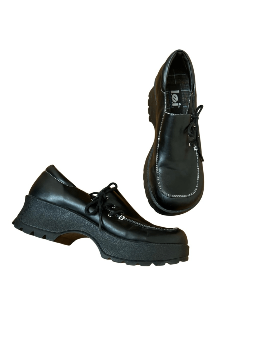 LEI Chunky Black Platform Side Lace Heeled Loafers Vintage 90s Y2K