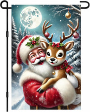 Santa and Reindeer Christmas Garden Flag 12X18 Inch Double Sided Winter Holiday