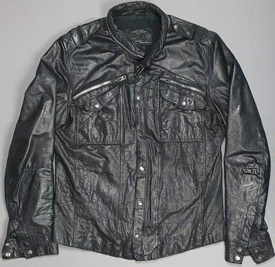 Allsaints Postnoon schwarze Leder Bomber Knopfleiste Hemd Jacke Größe Herren XL