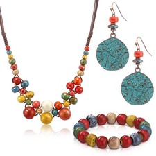 Colorful Boho Jewelry Set for Women - 3 Pcs Beaded Necklace, Earrings & Bracelet