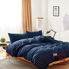 Full Geometric Geometric Duvet Cover Set - Grid Cotton - Full Navy Blue