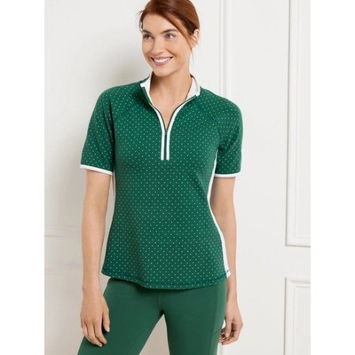 NWT T by TALBOTS Pique Half Zip Polo Shirt Top Green Pindot M