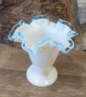 VTG Fenton Milk Art Glass Crimped Ruffled Aqua Blue Crest Footed 4" Small Vase
