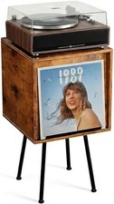 Record Player Stand W/ Flip-Down Record Shelf Rustic Brown Vinyl Record Storage