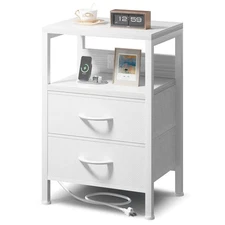 NightStand Bedside Charging Table Bedroom - with Charger Station White Modern