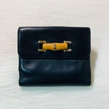 GUCCI Bamboo Leather Folding Wallet Black Button
