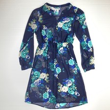 Old Navy women's small sheer floral print dress cinched waist v-neck button down