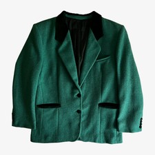 Vintage 80s Womens Oliver Grant Paris Green Harris Tweed Wool Blazer Velvet Trim
