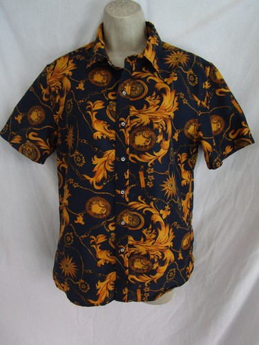 Emlyn Adrian Shirt Men’s Boho Print Button Up Design Fashion Black Gold Scroll