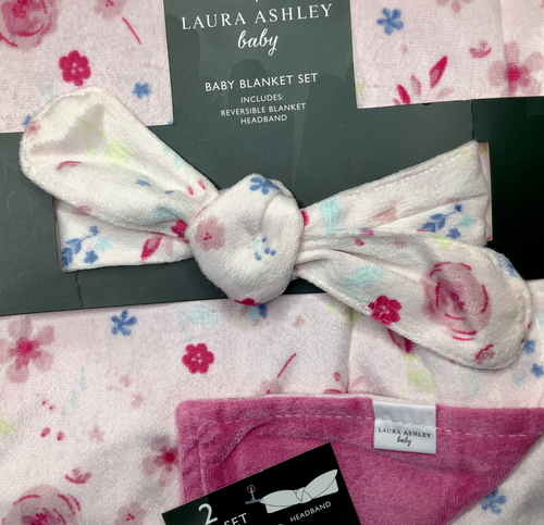 NEW Laura Ashley Floral Flowers Baby Blanket & Headband 2 Piece Set Mink Minky - Picture 3 of 9