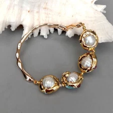 8" Cultured Keshi Pearl Blue Larimar Gold Plated Bangle Bracelet Jewelry Gifts