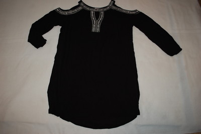 Womens BLACK L/S COLD SHOULDER BOHO DRESS Loose Fit EMB. YOKE Keyhole XL 16-18