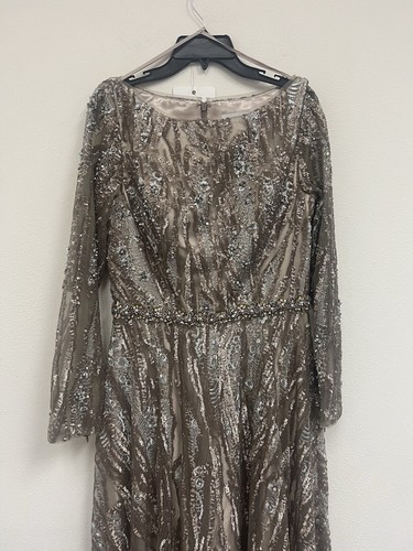 NWT Mac Duggal 79261 Sequined Long Sleeve Bateau A-Line Gown in Mocha Size 8 - Picture 3 of 24