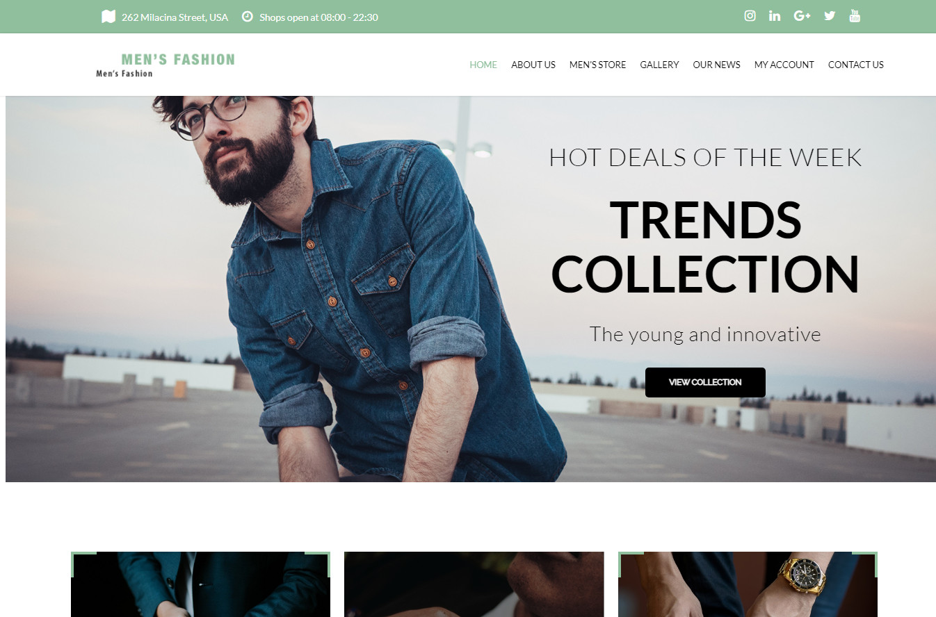 Tienda web de negocios de comercio electrónico de ropa para hombre + productos de moda + alojamiento y configuración