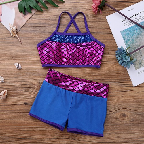 Girl 2Pcs Sequins Crop Top with Shorts Tankini Swimsuit Gymnastics Sports Outfit - Picture 23 of 171