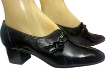6 B NOS Vtg 70s Shoe MOD GoGo CHUNKY HEEL Black Shiny Crinkle LEATHER Side Knot
