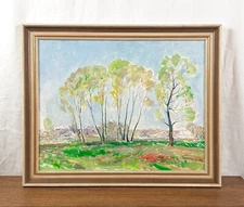 Vintage Oil Painting of Spring Landscape with Birch Trees, Impressionist Oil