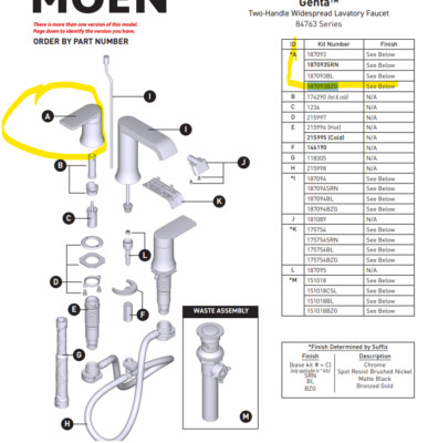 Moen 187093BZ Replacement Handle Bronzed Gold For Genta 84763BZG Lavatory Faucet