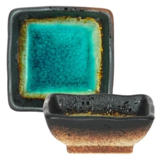 2 PCS. Japanese 2.75" SQ Ceramic Soy Sauce Dipping Bowl Dish Green Kosui Crackle