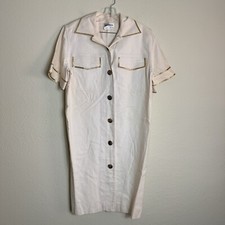 David Warren 80s Women's Dress Linen Blend Lined White with Gold Trim Buttons 10