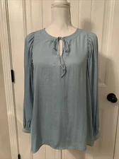 New LOFT TIE NECK DRAPED SLEEVE BLOUSE IN COASTAL HORIZON BLUE Sz M